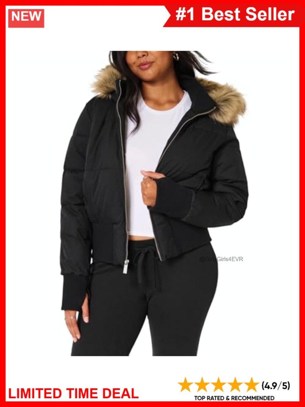 Cropped Faux Fur Hooded Puffer Bomber Jacket Warm Winter Coat